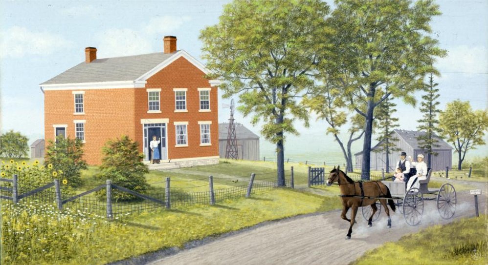 Painting by Les Schrader of horse-drawn carriage passing in front of the Halfway House farmhouse