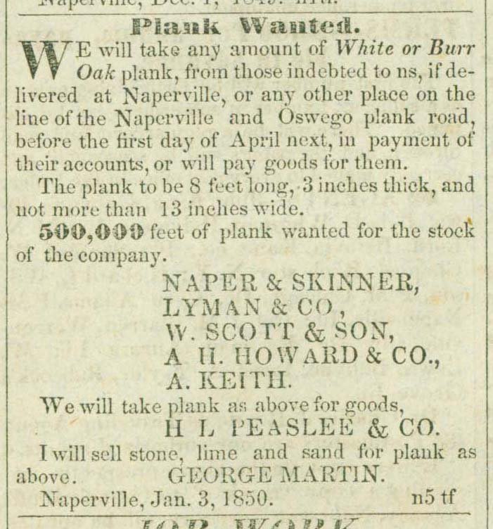 Newspaper advertisement for lumber to build plank road, published in 1850