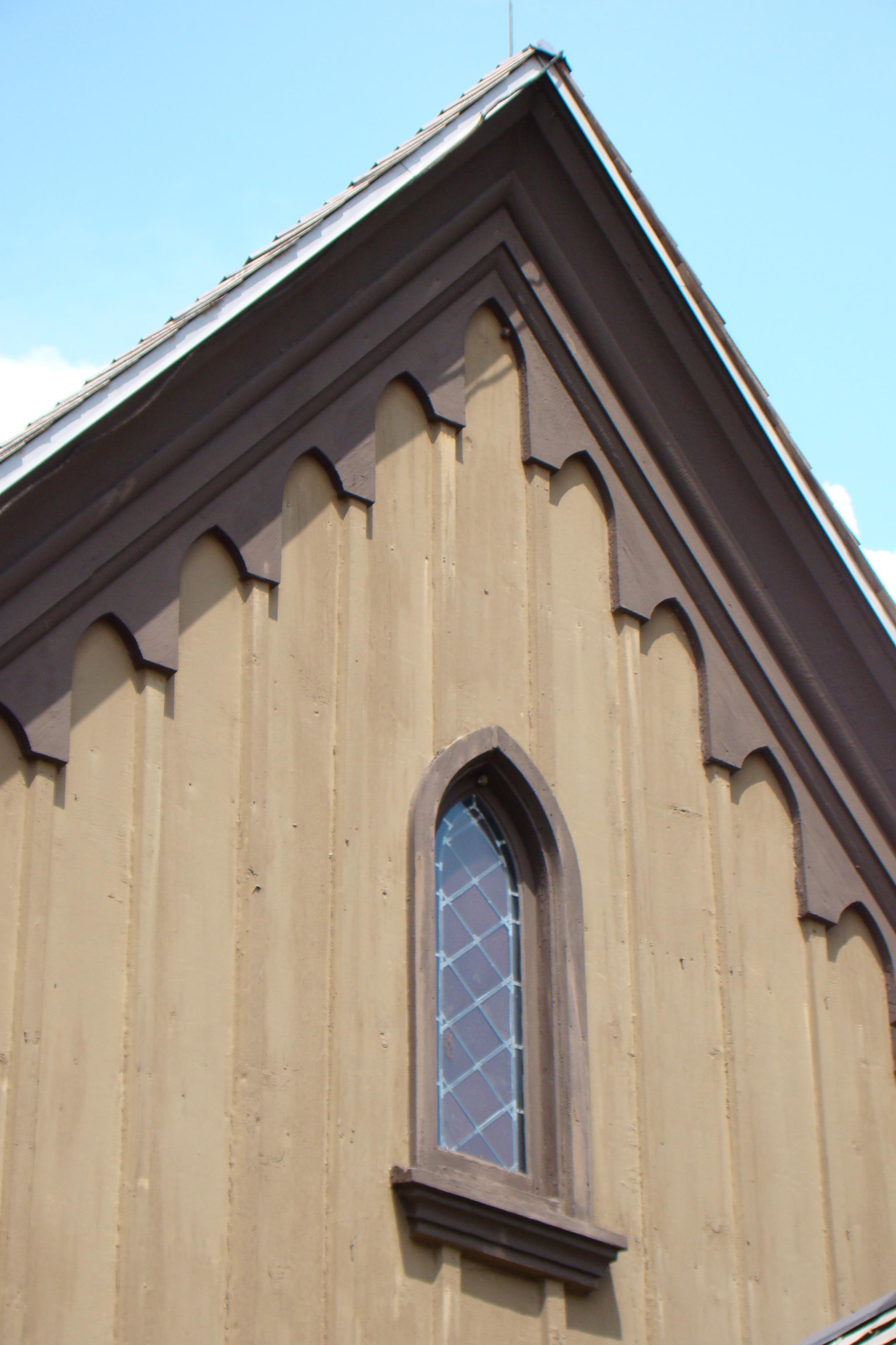 Window extending into roof gable, Century Memorial Chapel