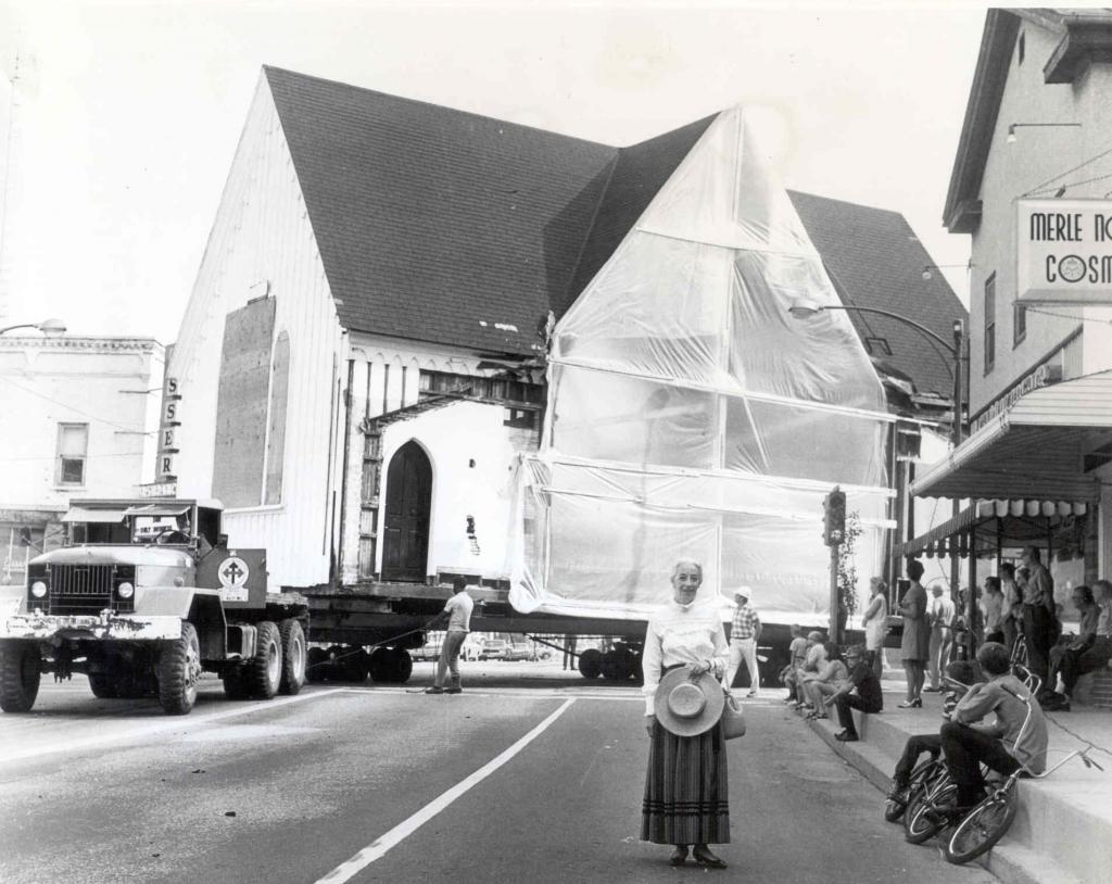 Moving the Chapel to Naper Settlement (Jane Sindt in foreground)